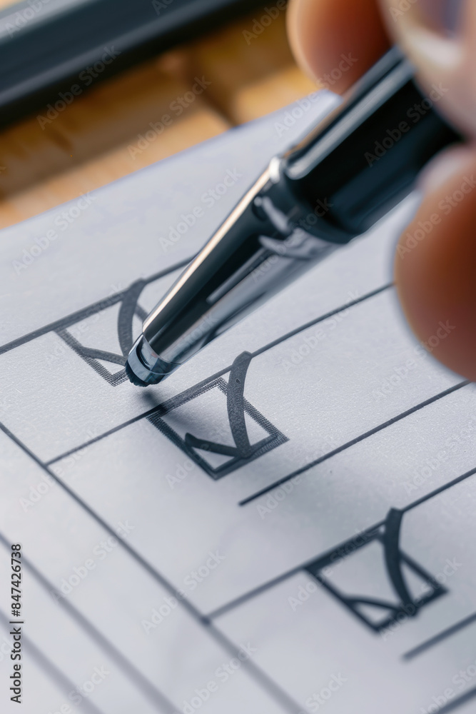 A close-up of a pen marking checkboxes on a task list, symbolizing organization, productivity, and the satisfaction of completing goals.