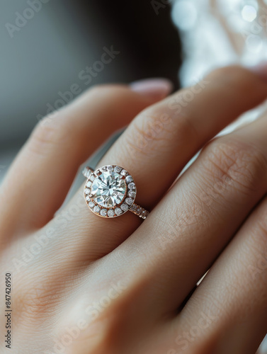 A close-up of an elegant diamond ring on a hand, capturing the ring's sparkling beauty and intricate design details.