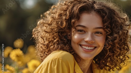 A young girl with curly hair smiling in yellow dress in a sunflower field