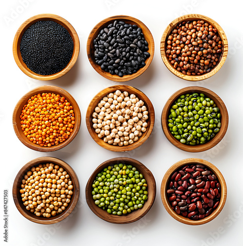 view of various beans, legumes and tonka bean in wooden bowls on a white background.