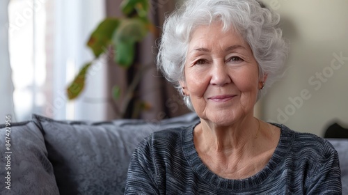 Positive mature older retired woman home head shot portrait. Female pensioner sitting on sofa 