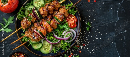 Top view of grilled meat skewers, shish kebab, and a healthy vegetable salad with fresh tomato, cucumber, onion, spinach, lettuce, and sesame on a black background