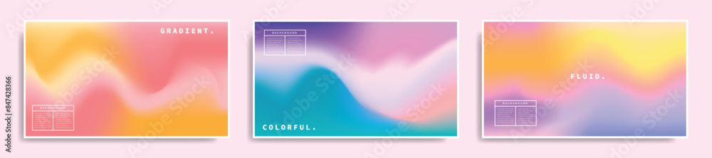 Abstract colorful wavy fluid background set. Liquid gradient mesh backdrop copy space. Smooth color gradation template. For poster, banner, catalog, or cover.