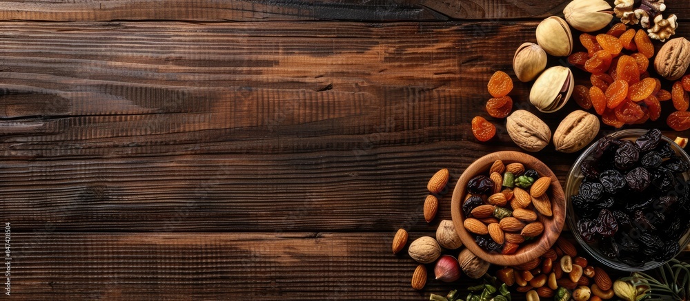 Dried fruits and nuts assortment on a rich wooden backdrop, featuring space for text. Overhead perspective showcasing the essence of the Jewish holiday Tu Bishvat. Dried fruits and nuts assortment on a rich wooden backdrop, featuring space for text. Overhead perspective showcasing the essence of the Jewish holiday Tu Bishvat.