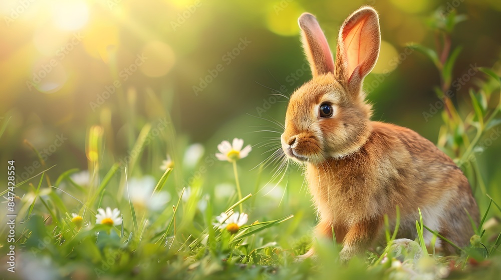 Fototapeta premium Happy Young Rabbit Hopping in Meadow