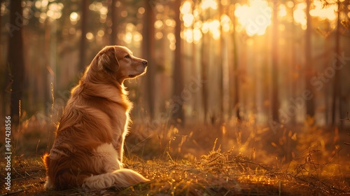 Calm Senior Dog Sitting Among Forest Trees photo