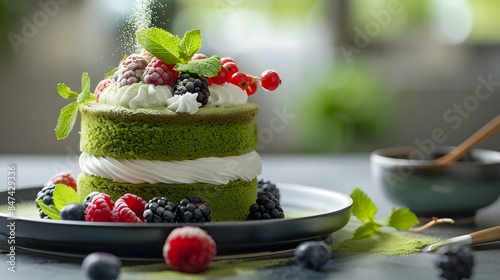 Sifting Matcha Powder over Matcha Green Tea Cake with Fresh Berries