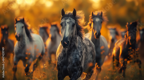 wild horses running fast, sunrise or sunset, landscape with animals, dawn or dusk. Wall Art Poster Print Design for Home Decor, Decoration Artwork, High Resolution Wallpaper & Background for Computer