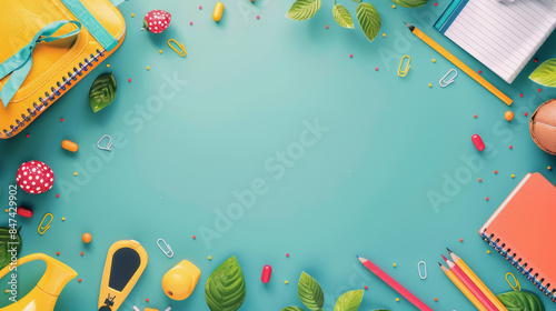 3d cartoon school study things on the table including books, pencil, clock and other elements, using as back to school theme poster and background