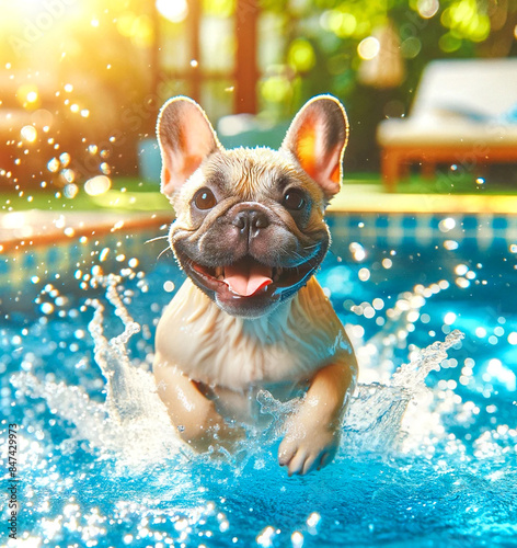 Happy french bulldog dog smiling and splashing in swimming pool water