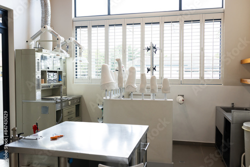 A modern prosthetic lab with various prosthetic limbs displayed on stands photo