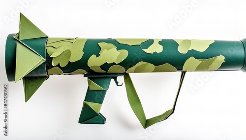 bazooka - a man portable recoilless anti tank rocket launcher weapon, widely deployed by the United States Army - in green camouflage color. Military combat war concept paper origami isolated on white photo