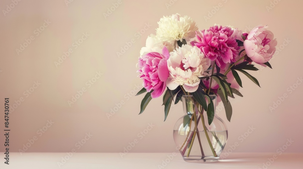 a bouquet of peonies in a glass vase on a light background. beige background a bouquet of peonies in a glass vase on a light background. beige background