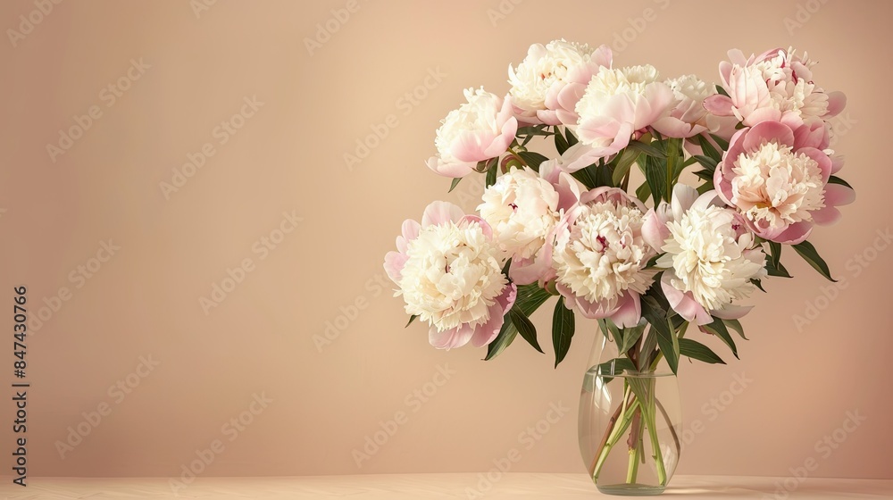 a bouquet of peonies in a glass vase on a light background. beige background a bouquet of peonies in a glass vase on a light background. beige background