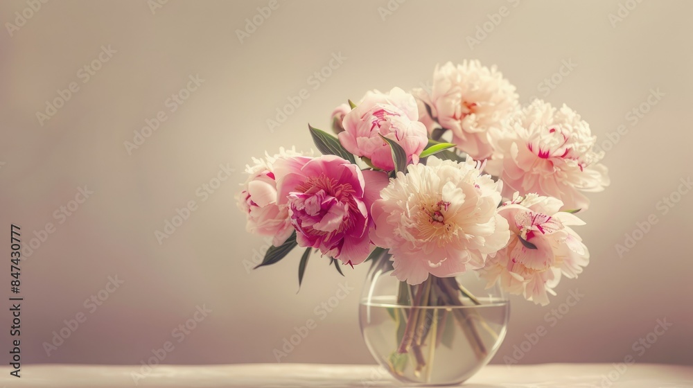 a bouquet of peonies in a glass vase on a light background. beige background a bouquet of peonies in a glass vase on a light background. beige background