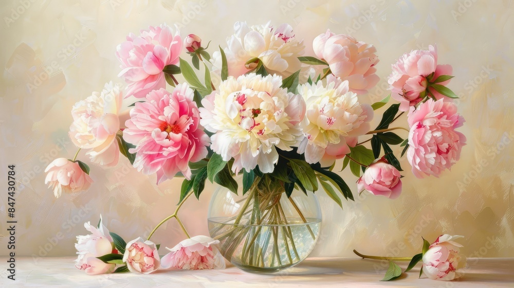 a bouquet of peonies in a glass vase on a light background. beige background a bouquet of peonies in a glass vase on a light background. beige background
