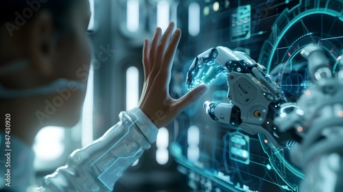 Person Controlling Robotic Arm with Mind-Controlled Interface in Futuristic Setting