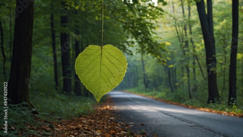 A green leaf hanging from a tree on a road