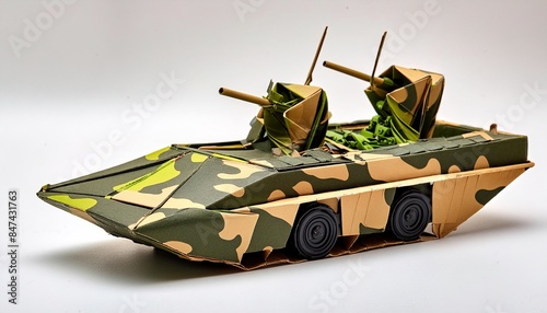 military Assault Amphibious Vehicle - in green camouflage color. Military combat war concept paper origami isolated on white background with copy space. arts and craft concept photo