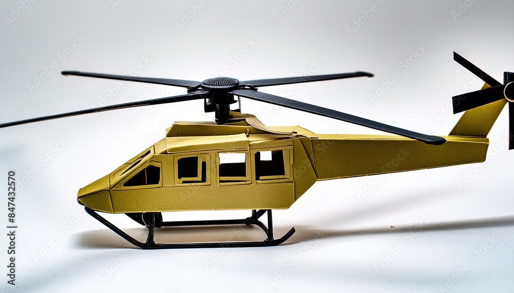 Fototapeta premium military helicopter in Black hawk style and design in tan sand color. Military combat war concept paper origami isolated on white background with copy space. arts and craft concept