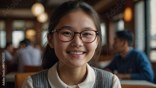 Portrait of a smiling young girl wearing glasses in restaurant