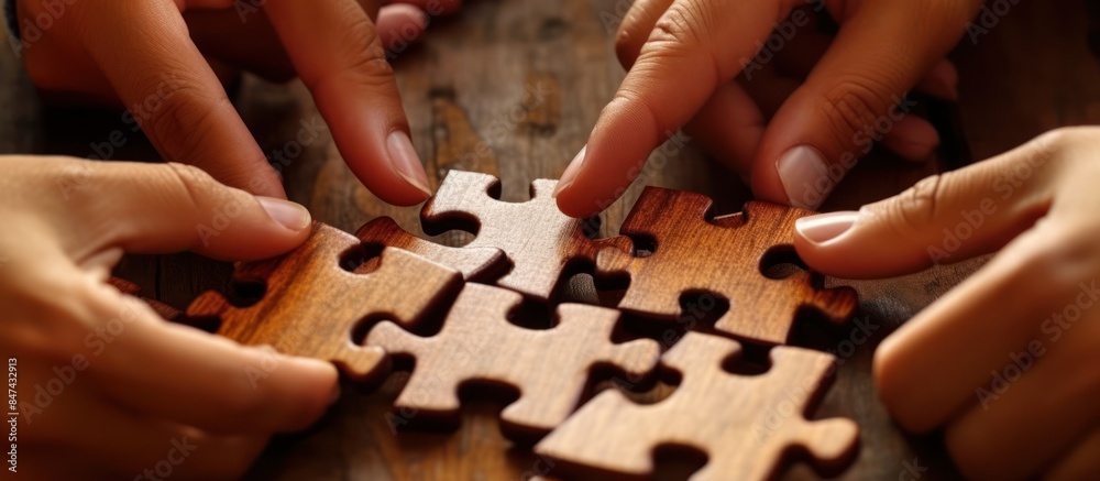 Hands joining puzzle pieces. put together a puzzle team. Teamwork and partnership concept. Hands joining puzzle pieces. put together a puzzle team. Teamwork and partnership concept.