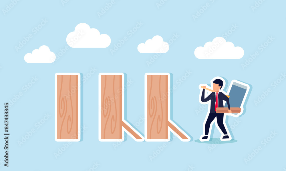 Proactive risk management prevents problems, protecting against business disasters, concept of Anticipating businessman places support column to prevent falling dominoes Proactive risk management prevents problems, protecting against business disasters, concept of Anticipating businessman places support column to prevent falling dominoes