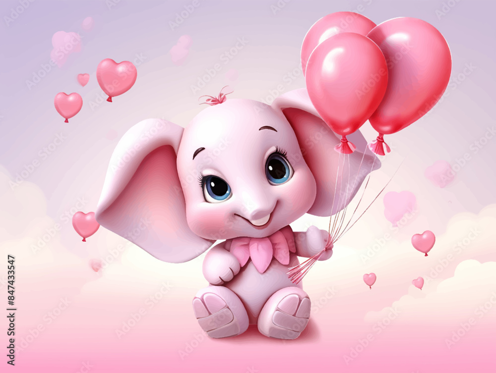 Pink cute little elephant floating in the air with balloons. Children's book illustration style isolated on a pink clouds background.
