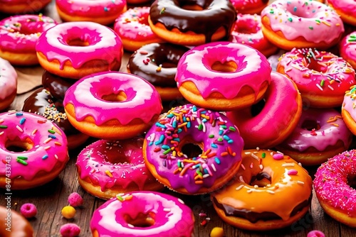 Colorful glazed frosted donuts with sprinkles, sweet desert pastry snacks © Kheng Guan Toh