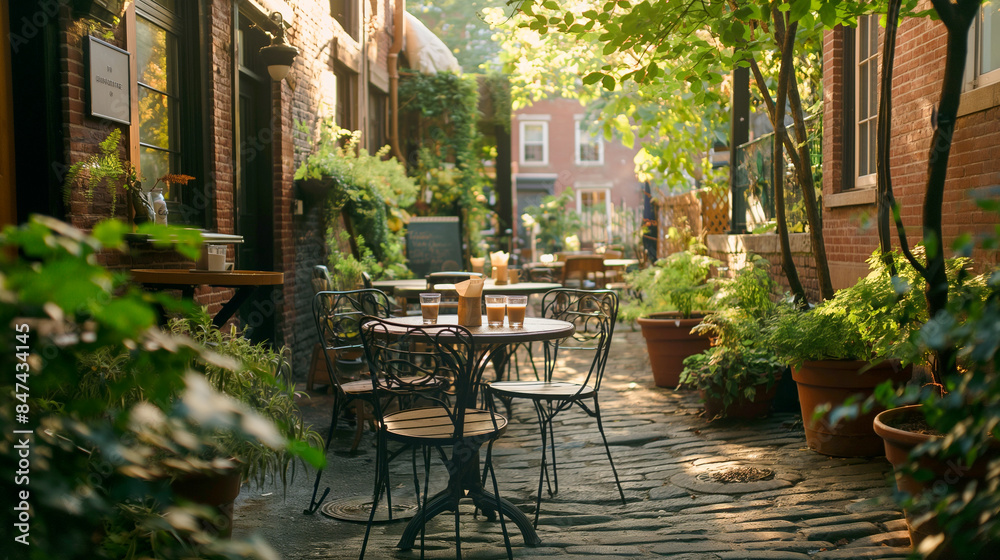 Street with a cafe on the street.Round tables and wicker chairs in a traditional cozy cafe.