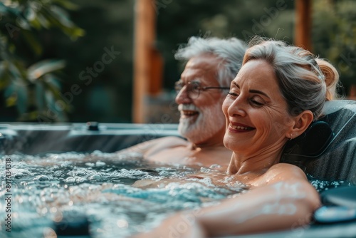 Happy senior couple enjoying a spa day, relaxing in a hot tub and smiling