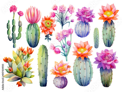 Watercolor cactus with flowers illustration set isolated background