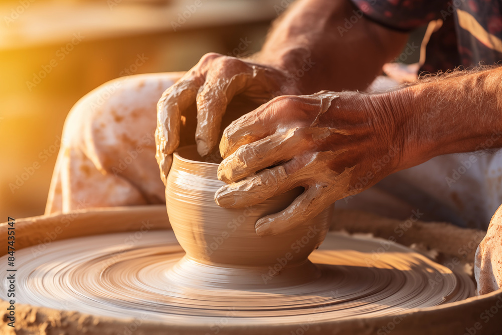 Close-up of hands working on a pottery wheel, shaping a clay pot, with soft natural light highlighting the details.
