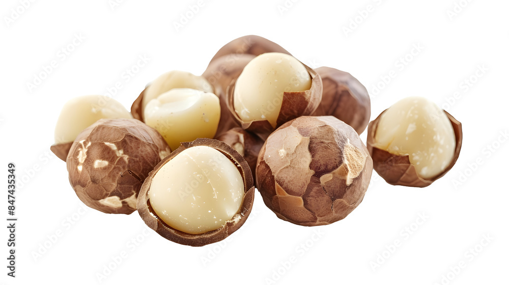 Close up of Macadamia nuts isolated on transparent png background, types of nuts concept, popular nutrients and high protein snack, essential fiber and healthy fats. Close up of Macadamia nuts isolated on transparent png background, types of nuts concept, popular nutrients and high protein snack, essential fiber and healthy fats.
