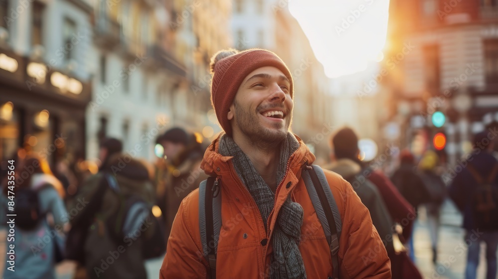 A happy traveler immerses themselves in the vibrant atmosphere of the city, walking briskly amidst the crowd with a smile on their face, embodying a dynamic and ambitious spirit, with generous copy A happy traveler immerses themselves in the vibrant atmosphere of the city, walking briskly amidst the crowd with a smile on their face, embodying a dynamic and ambitious spirit, with generous copy
