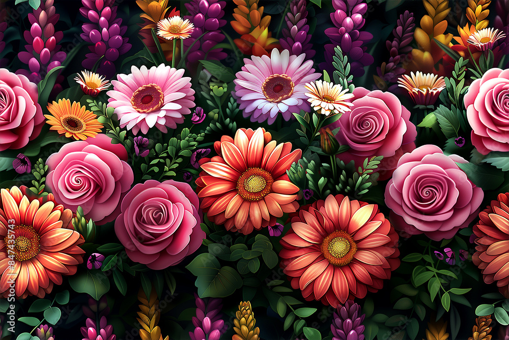 A colorful bouquet of flowers with a variety of colors including pink, orange, and yellow. The flowers are arranged in a way that creates a sense of harmony and balance