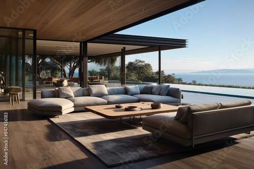 Harmony between indoor and outdoor living spaces in a modern home, where sliding glass doors blur the lines between interior comfort and exterior tranquility