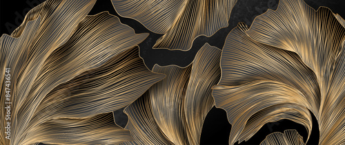 Luxury botanical dark art background with exotic leaves in golden line art style. Tropical vector banner for decor, print, poster, wallpaper, wallcovering, interior.