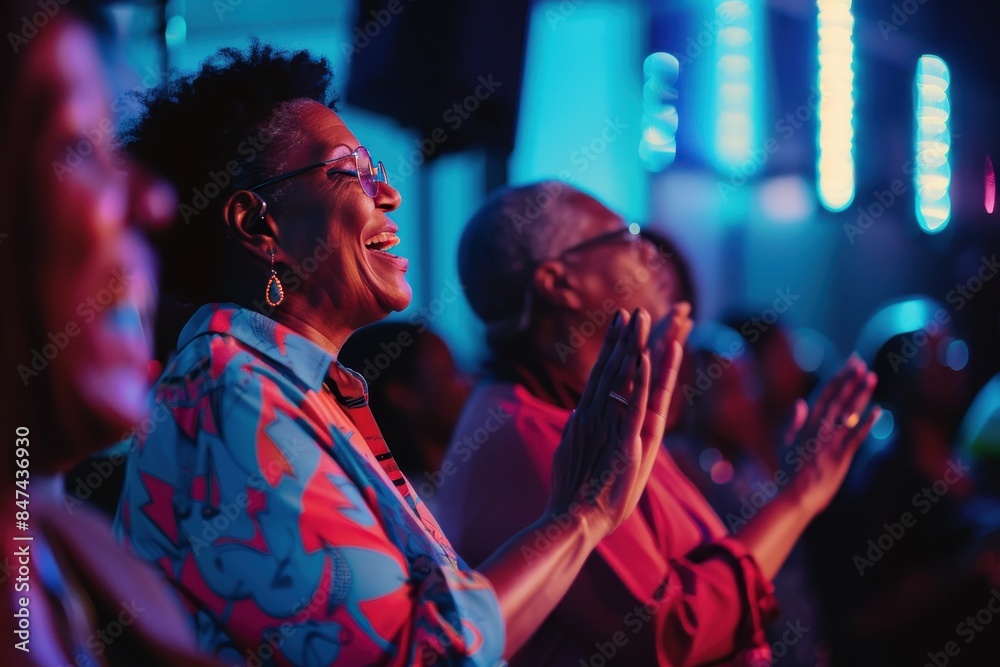 Dynamic Live Music Performance Illuminated by Vibrant Lights with Enthusiastic Audience Clapping in Concert Venue Dynamic Live Music Performance Illuminated by Vibrant Lights with Enthusiastic Audience Clapping in Concert Venue