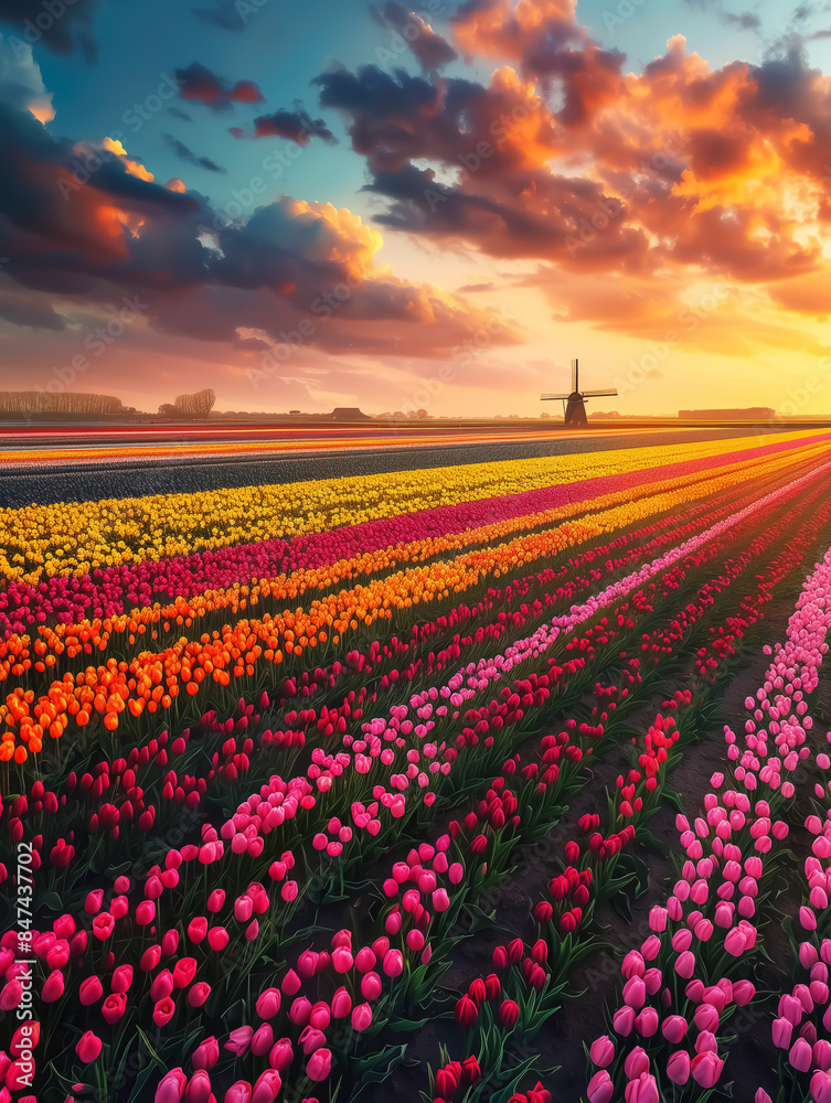tulip field, beautiful landscape with flower farm. Wall Art Poster Print Design for Home Decor, Decoration Artwork, High Resolution Wallpaper & Background for Computer, Smartphone, Cellphone, Mobile