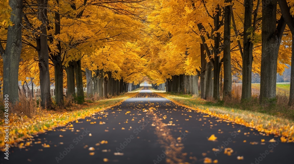 Fototapeta premium Autumn Canopy, Tranquil Road Through Vibrant Tree Tunnel