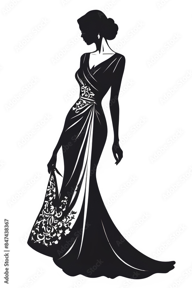A girl in a very beautiful ornate dress, black silhouette of a beautiful woman, transparent background, sophisticated, highly detailed, modest dress A girl in a very beautiful ornate dress, black silhouette of a beautiful woman, transparent background, sophisticated, highly detailed, modest dress