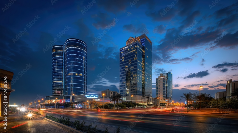 Obraz premium Blue Hour Elegance: King Abdullah Financial District (KAFD), Riyadh, Saudi Arabia