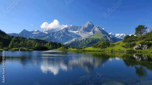 Majestic Mountain Range Reflection in Serene Lake under Clear Blue Sky