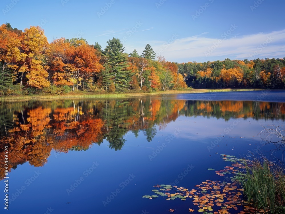 Tranquil Autumn Reflections: Serene Lake Surrounded by Vibrant Trees in Fall Season Tranquil Autumn Reflections: Serene Lake Surrounded by Vibrant Trees in Fall Season