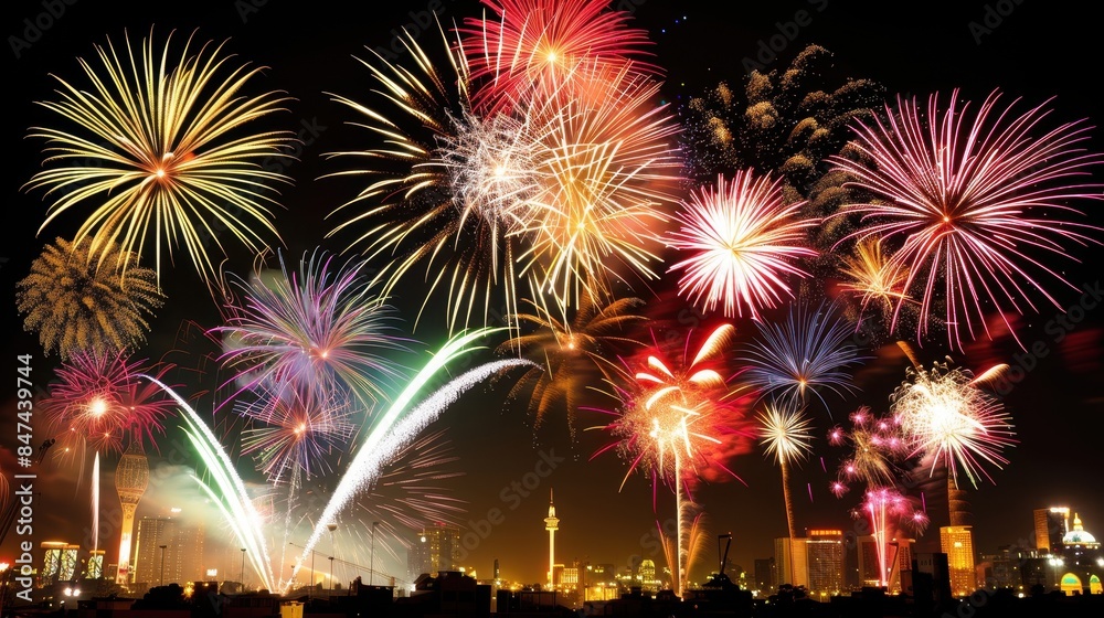 Spectacular Fireworks Show over Urban Cityscape at Night Spectacular Fireworks Show over Urban Cityscape at Night