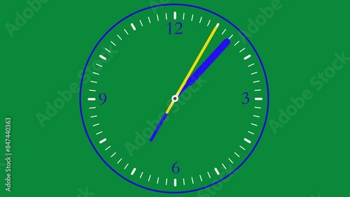 Animated wall clock in 10 second loop. Clock with slow moving arrows. Time lapse loop. Alpha channel with turquoise background. Blue Circle. 4K quality videos