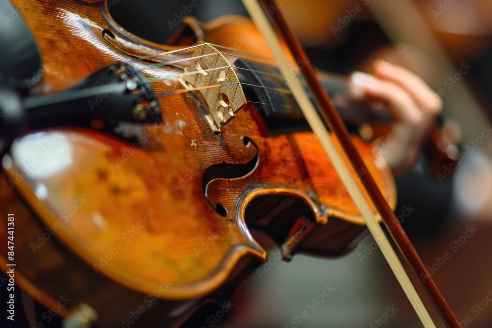 Fototapeta premium Intimate Close-Up of Violin Performance with Emphasis on Bow and Strings