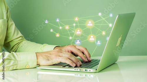 close up on a man's hand typing on a laptop to work about the futuristic of social media marketing icons for internet network technology and business concept. photo