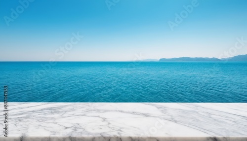 Serene Product Display: Empty White Marble Tabletop with Ocean View